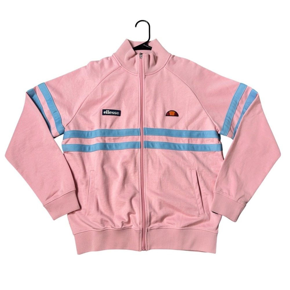 Ellesse Rimini Full Zip Track Jacket Pink Blue Stripes Patch Logo Pockets Sz L